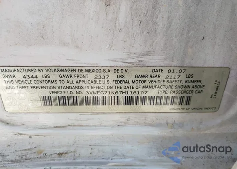 2007 Volkswagen Jetta Wolfsburg Edition из США, поврежденный, VIN 3VWEG71K67M116107